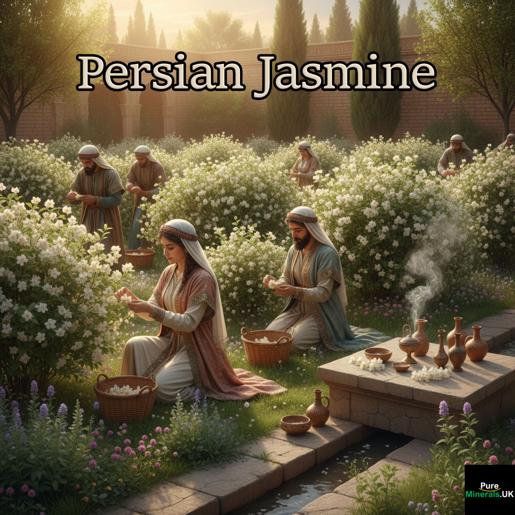 Highly detailed, serene scene of ancient Persians (circa 2000 BCE) harvesting jasmine in a sunlit garden, with clay vessels indicating use for sacred and wellness practices.