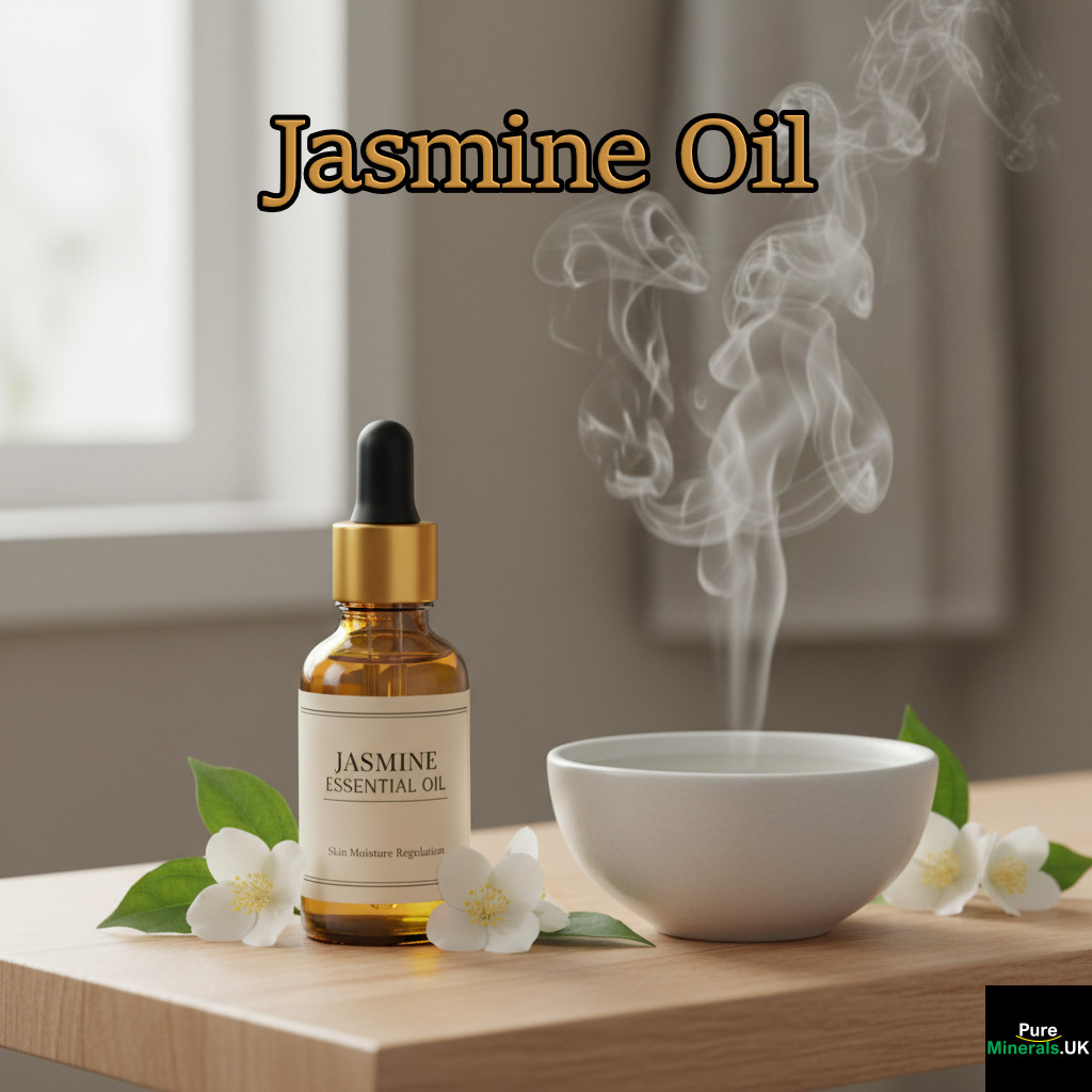 Amber glass dropper bottle of jasmine essential oil on a wooden shelf in a spa bathroom, surrounded by jasmine flowers and water, symbolizing skin moisture and natural wellness.