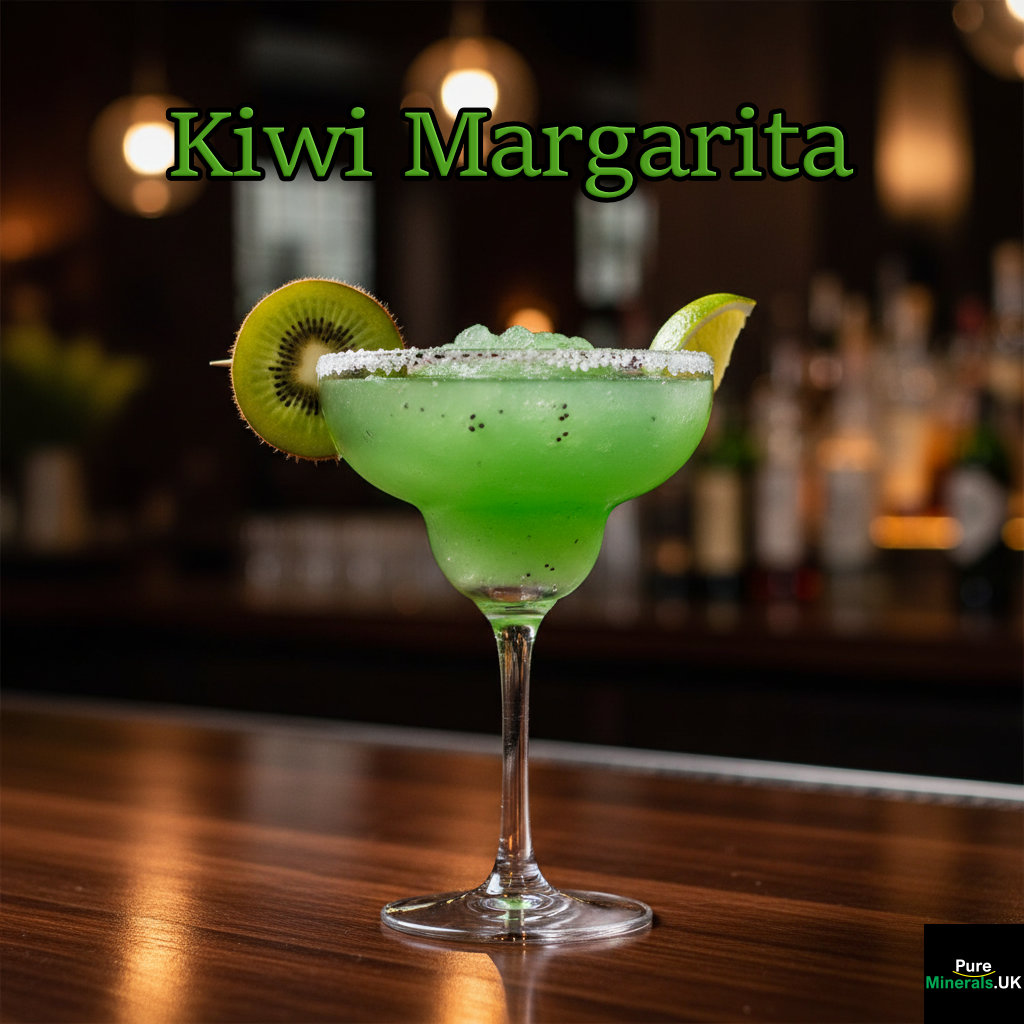 A bright green Kiwi Margarita in a salt-rimmed glass, garnished with a kiwi slice and lime wedge, sitting on a dark wooden bar surface in a dimly lit cocktail lounge.