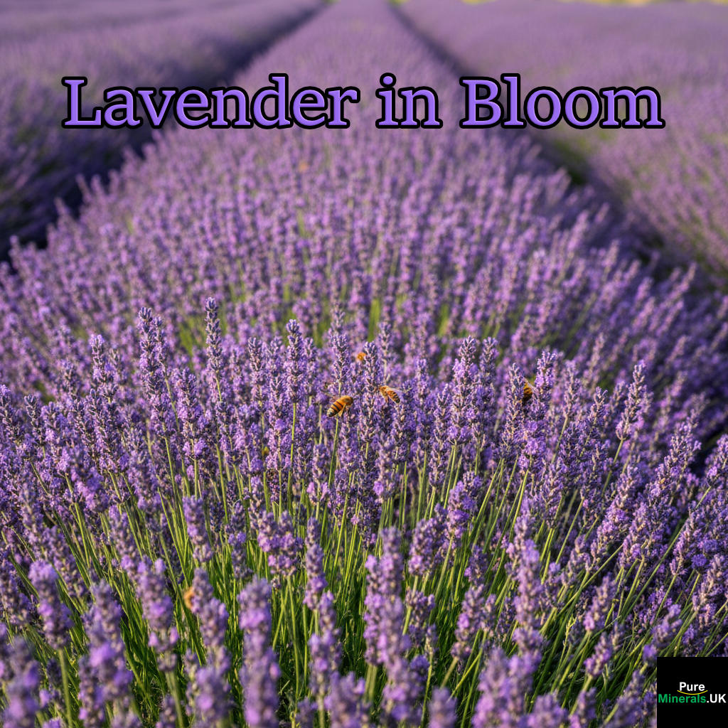 A close-up view of vibrant purple lavender flowers blooming densely in a sunny garden, with several bees foraging on the blossoms.