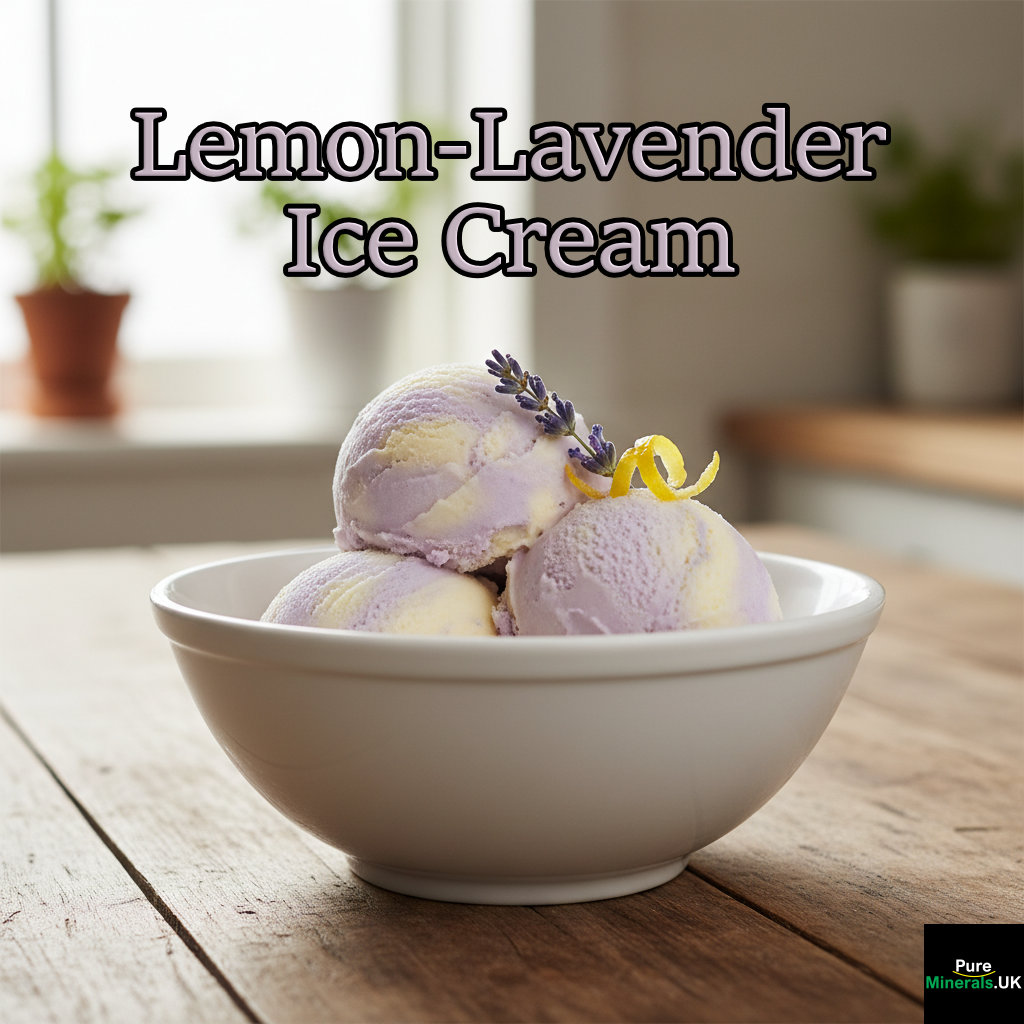 Close-up of swirled lemon and lavender ice cream in a white bowl, garnished with a lavender sprig and lemon zest, sitting on a rustic wooden table.