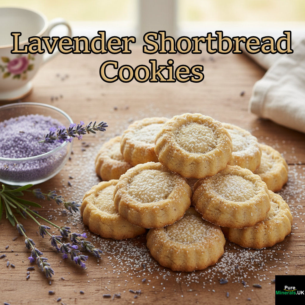 A high-angle view of a stack of golden Lavender Shortbread Cookies dusted with powdered sugar, next to fresh lavender sprigs and a bowl of lavender sugar on a wooden table.
