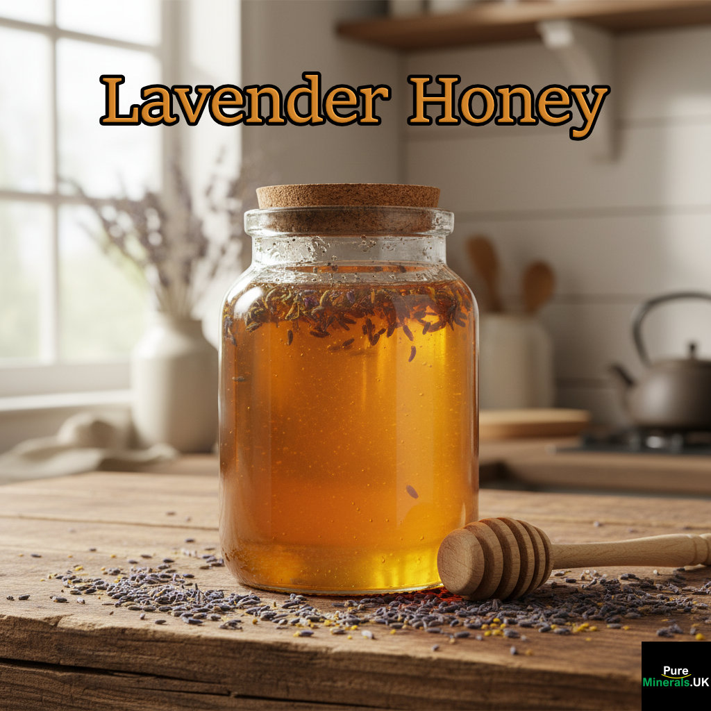 A close-up photograph of a jar of lavender-infused honey on a rustic wooden table in a farmhouse kitchen, surrounded by scattered dried lavender buds and a wooden honey dipper.