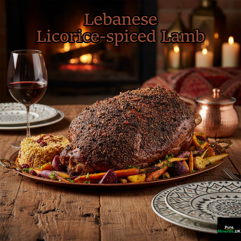 A roasted Lebanese lamb dish with a dark spice crust of licorice, cinnamon, cumin, and black pepper, served on a dining table with a glass of red wine.