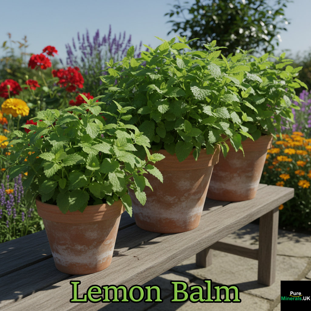 Lush green lemon balm plants growing in terracotta pots on a sunny patio, emphasizing freshness and natural growth.