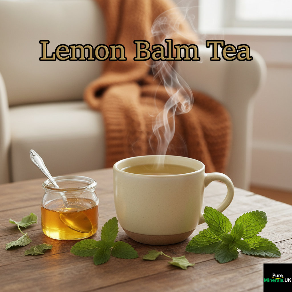 A steaming cup of Lemon Balm tea next to a jar of honey on a wooden coffee table in a cozy, warm-lit lounge.