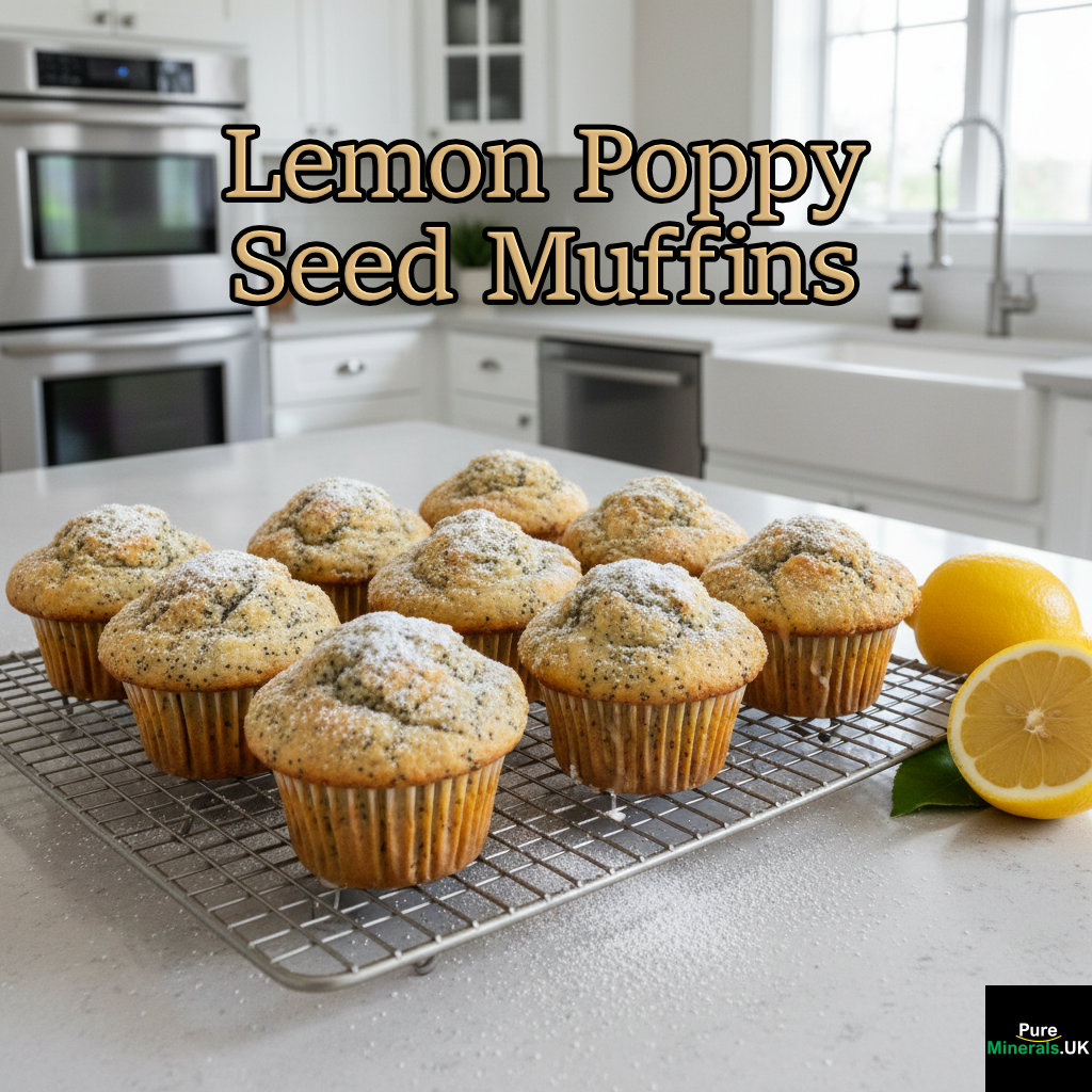 A batch of golden-brown lemon poppy seed muffins cooling on a wire rack in a bright, modern American kitchen with white cabinets.