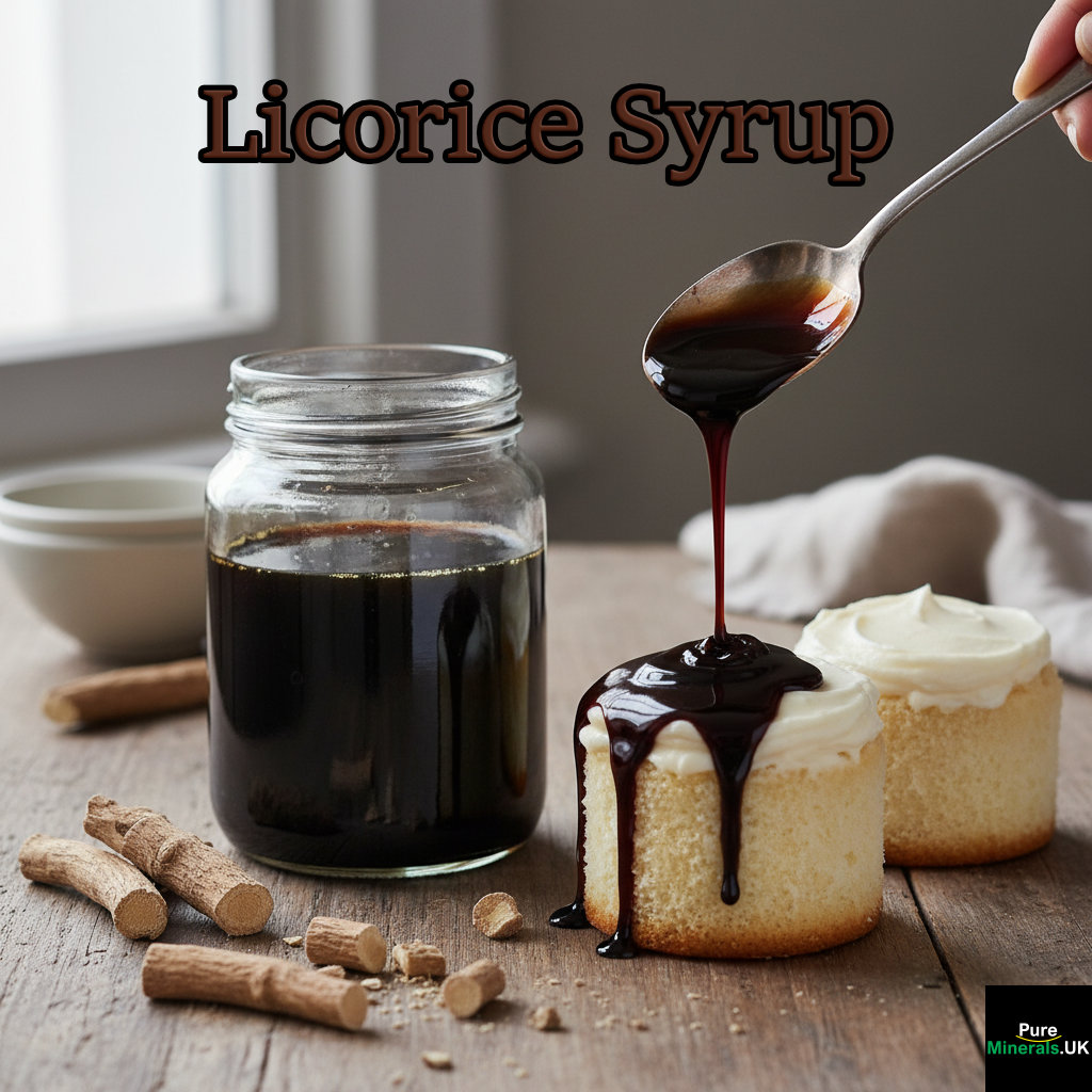 A rich, dark licorice-infused syrup being drizzled with a spoon over a small, frosted cake on a wooden kitchen table, illustrating a culinary application.
