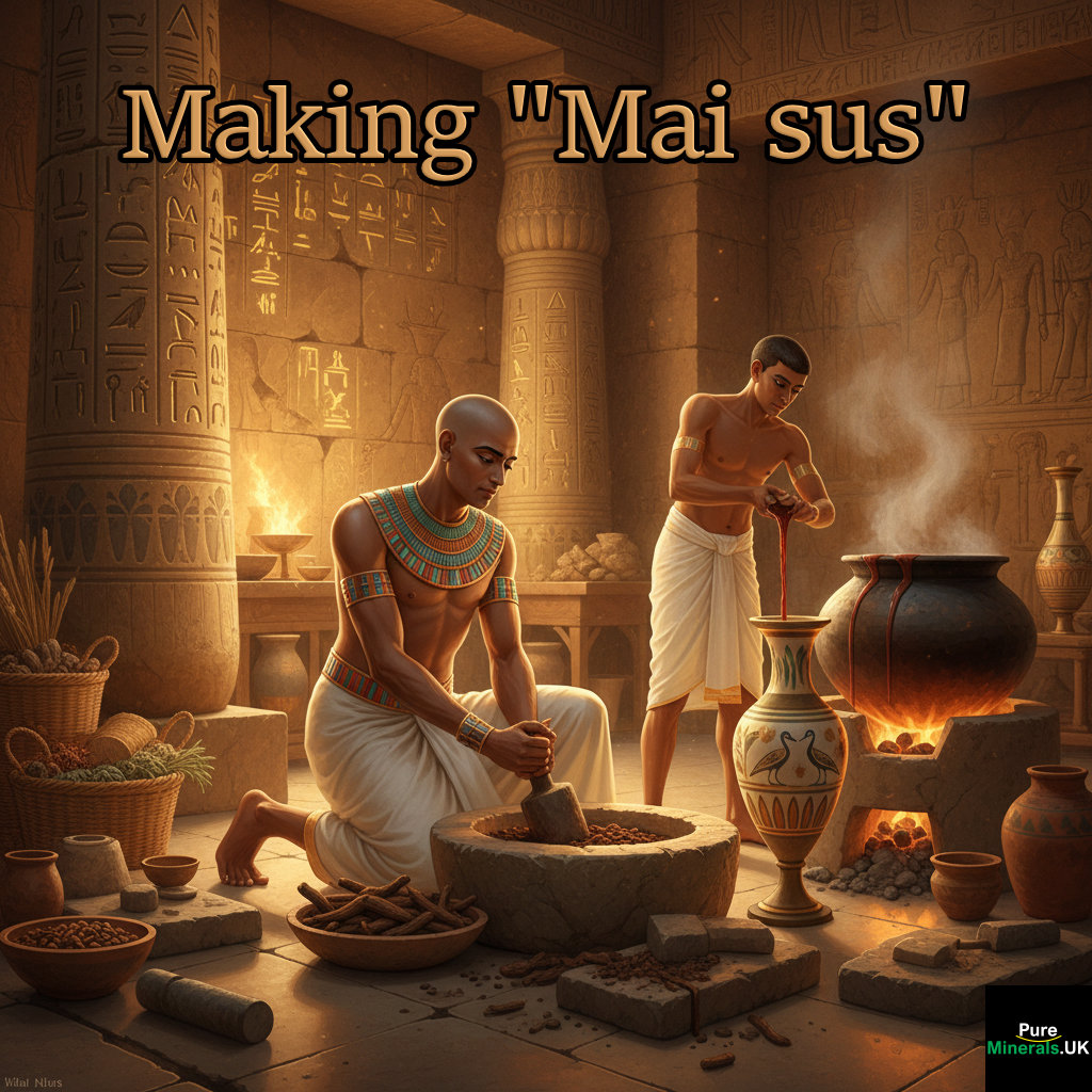 A detailed, cinematic illustration of an ancient Egyptian priest preparing the royal licorice root drink 'Mai sus' in a temple setting, surrounded by hieroglyphs.