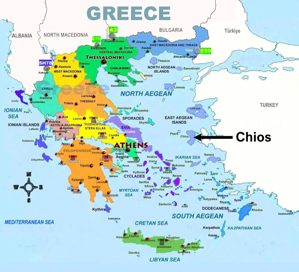 The island of Chios is arrowed in the Aegean Sea near the Turkish coast.