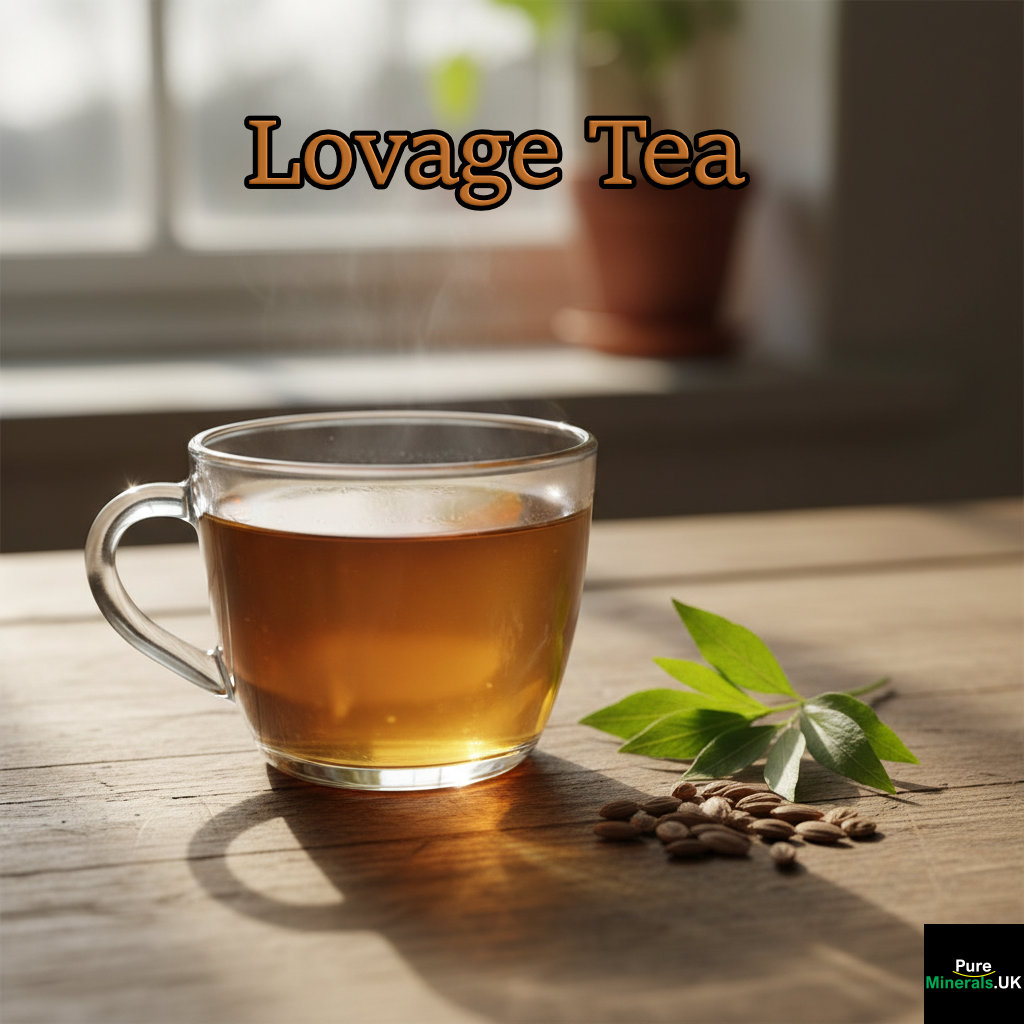 A glass teacup filled with amber Lovage Tea on a wooden kitchen table, with dried Lovage leaves and seeds scattered nearby.