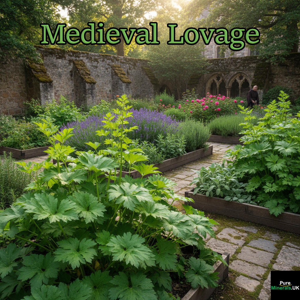 A photorealistic depiction of a medieval monastery herb garden with prominent, tall Lovage plants in the foreground, set against ancient stone walls and dappled sunlight.