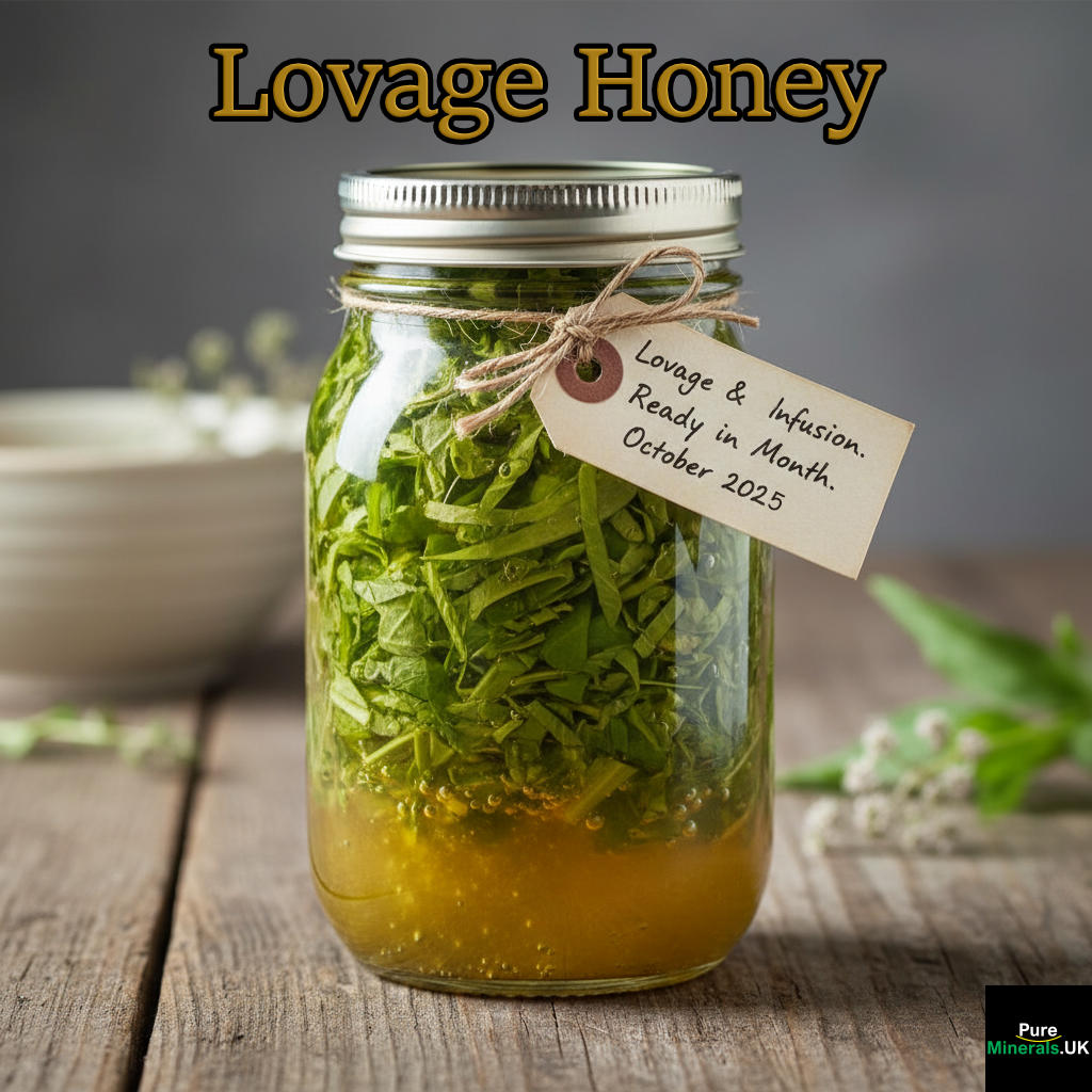 A glass mason jar filled with bright green Lovage leaves covered in golden raw honey, sitting on a wooden table to infuse.