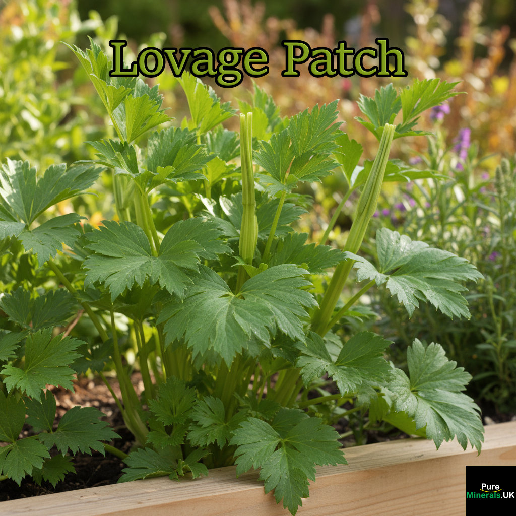 A close-up photograph of bright green Lovage herbs growing in a modern garden, with the leaves in sharp focus.