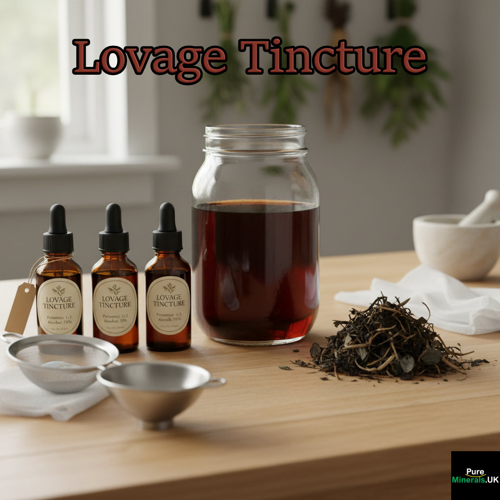 A large jar of dark amber Lovage tincture next to several small amber glass dropper bottles, illustrating the final preparation stage.