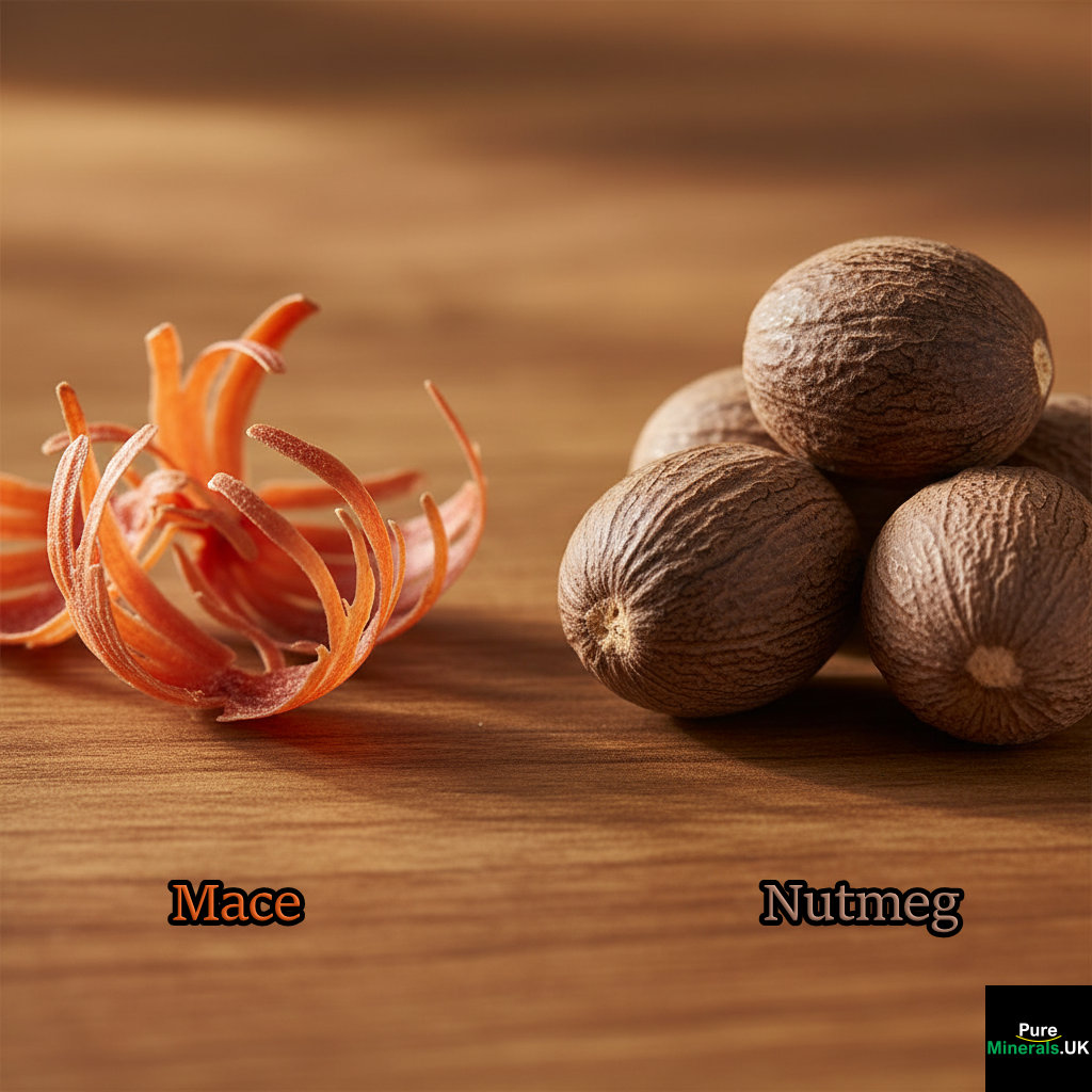 Macro photograph comparing whole mace (bright red-orange aril) and whole nutmeg seeds (dark brown) side-by-side on a wooden kitchen surface, illustrating their distinct natural forms.