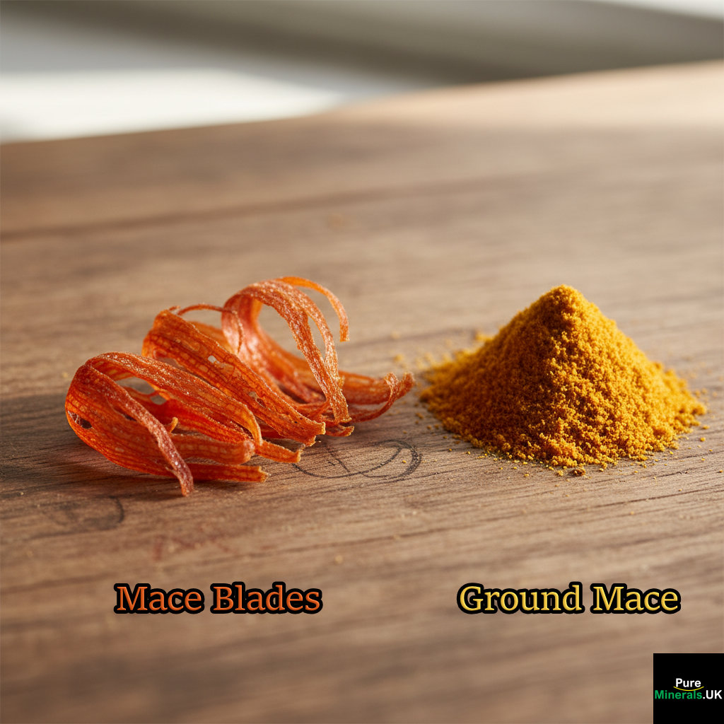 Macro photograph of the spice mace, showing the bright red-orange mace blades (aril) next to a small pile of golden-orange ground mace powder on a wooden surface.