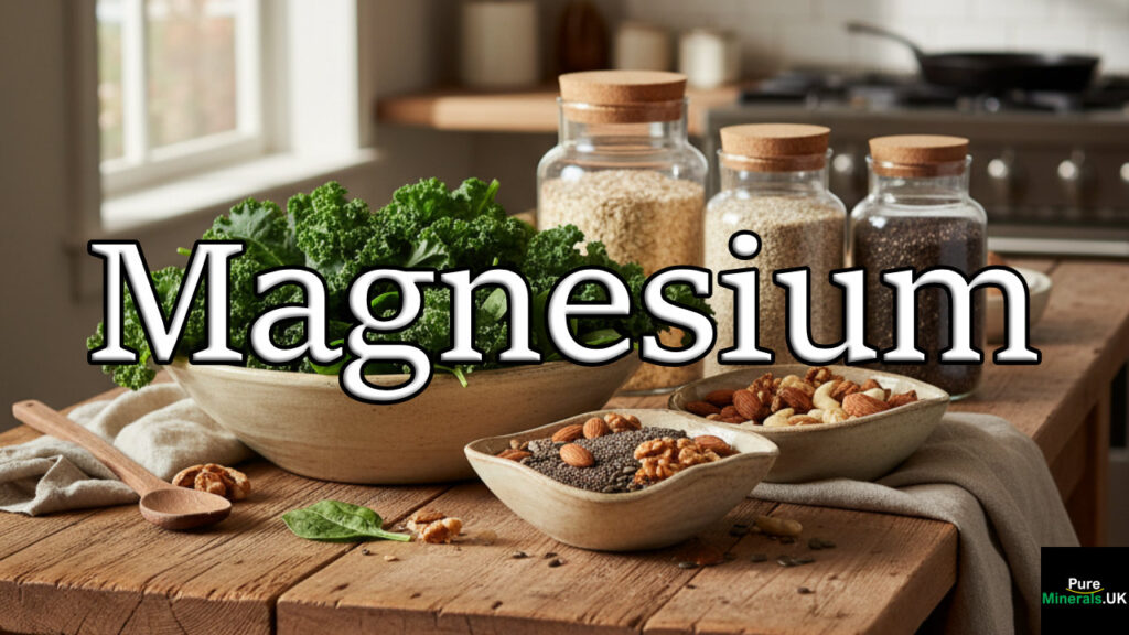 view of a rustic farmhouse kitchen counter featuring a display of magnesium-rich foods: kale, spinach, bowls of almonds and pumpkin seeds, and glass jars of oats and whole grains.