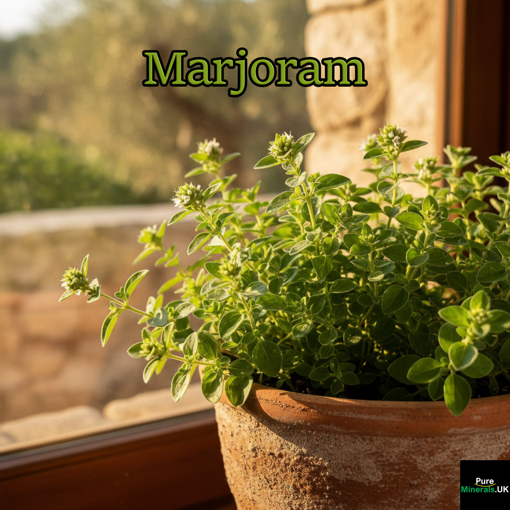 A pot of marjoram on a windowsill.