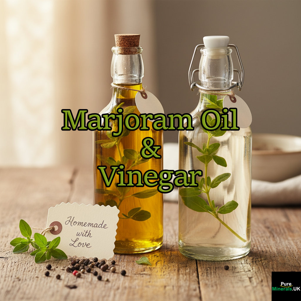 An image of a bottle of marjoram oil and a bottle of marjoram vinegar.