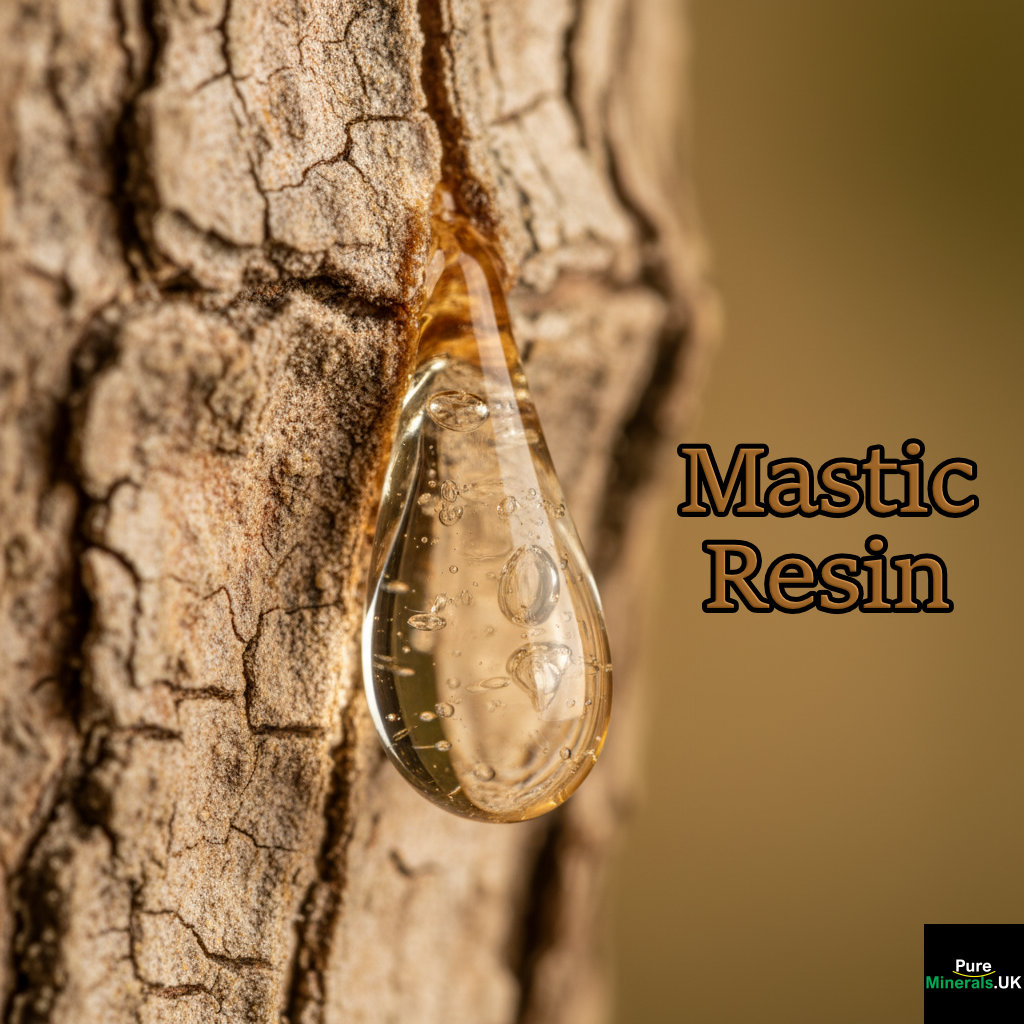 Extreme macro shot of clear, tear-shaped Mastic resin droplets crystallizing on the light brown bark of a tree.