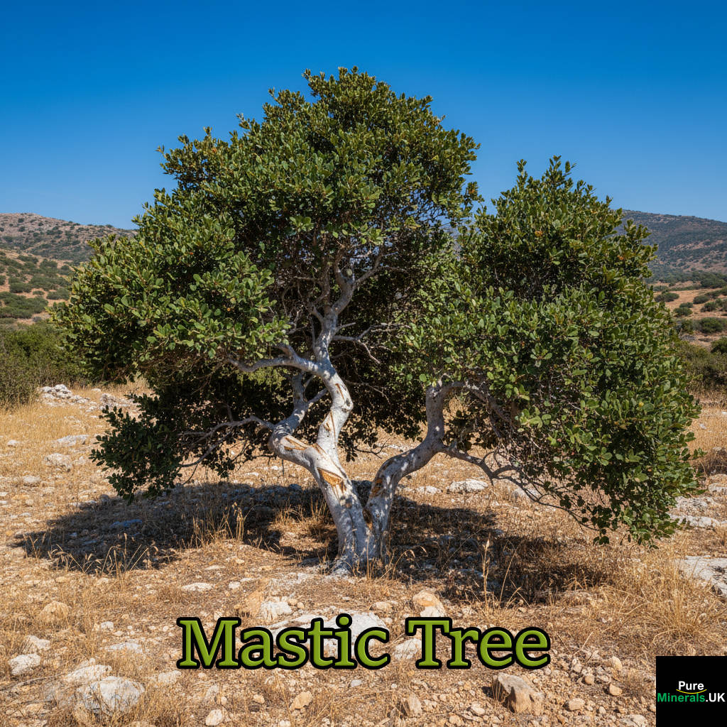 Close-up of a Mastic Tree in Chios, Greece, showing its dark green leaves and gnarled trunk under bright, sharp sunlight.