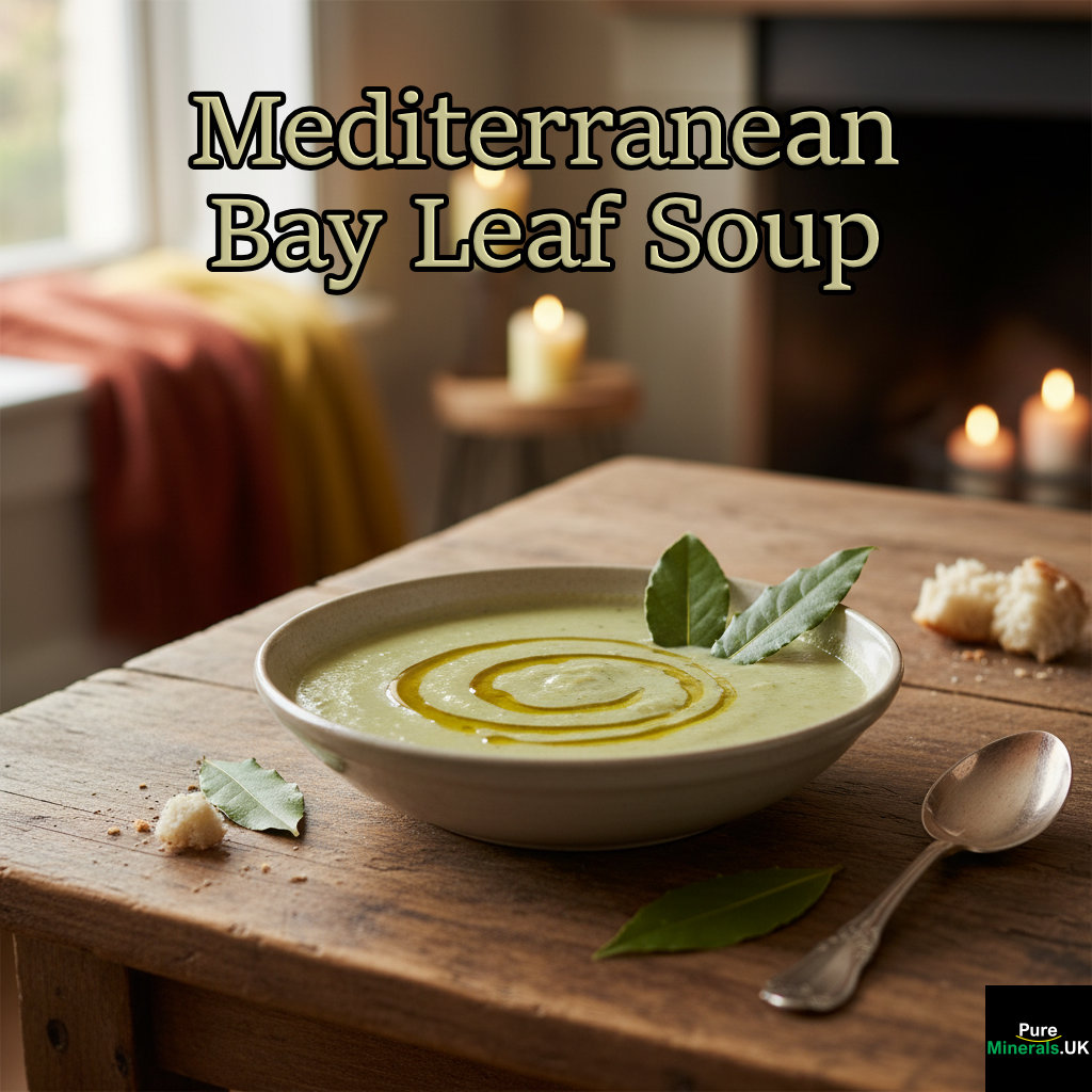 A steaming bowl of Mediterranean Bay Leaf Soup garnished with olive oil and fresh bay leaves, presented on a wooden table in a warmly lit, cozy dining room.