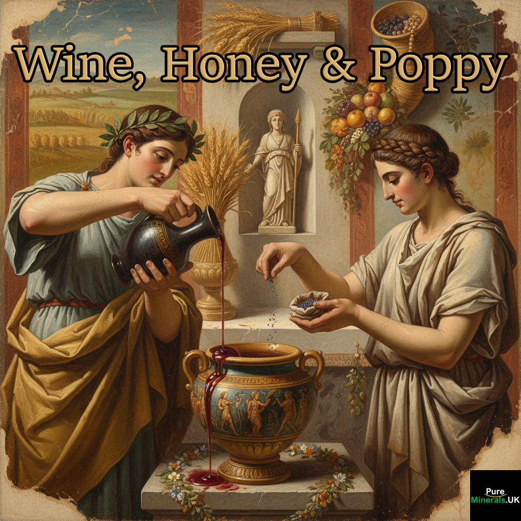 A classical style painting depicting two ancient Greek figures mixing poppy seeds, honey, and wine in a large krater as part of a religious ceremony for fertility.
