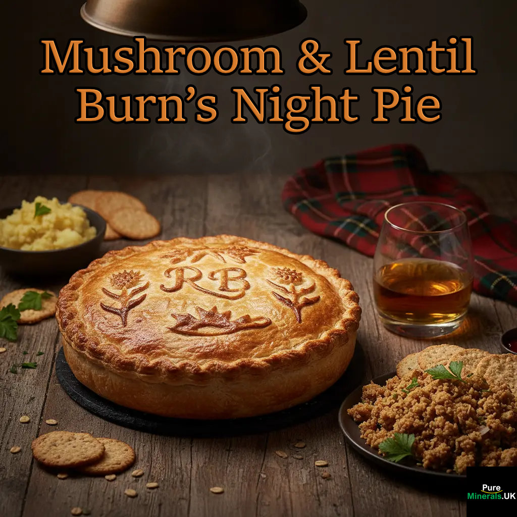 A selenium-rich savory Mushroom and Lentil pie with a decorative crust, served on a dining table with a side of Haggis and a glass of whiskey, evoking a Scottish setting.