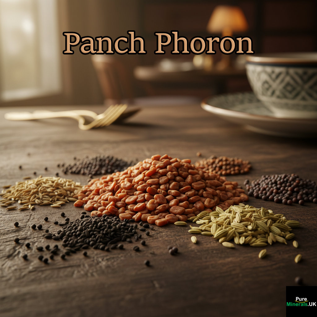 Close-up of the Panch Phoron five-spice blend, including fenugreek, nigella, cumin, mustard, and fennel seeds, arranged on a dark wooden table in an Indian restaurant setting.