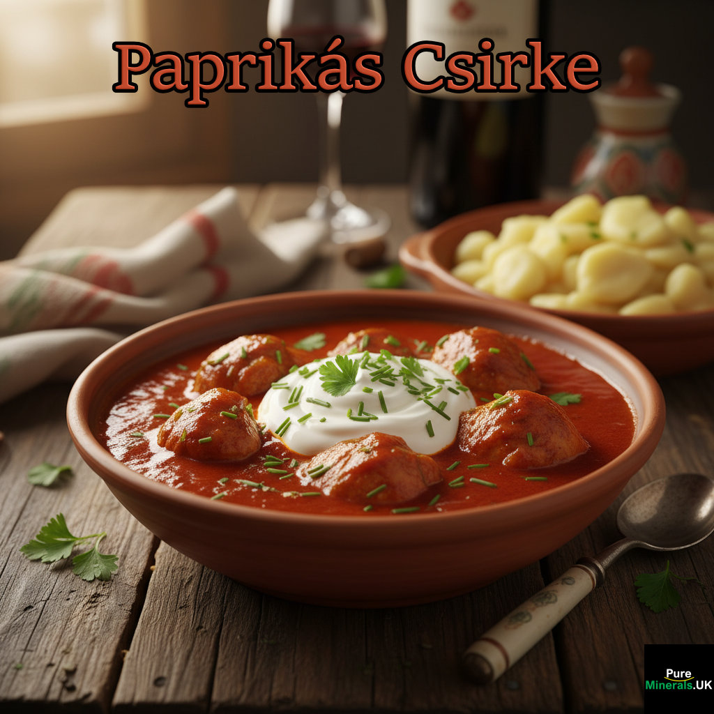 A bowl of traditional Hungarian Chicken Paprikash with a creamy, deep-red sauce, garnished with sour cream and herbs, served with a side of dumplings on a rustic wooden table.