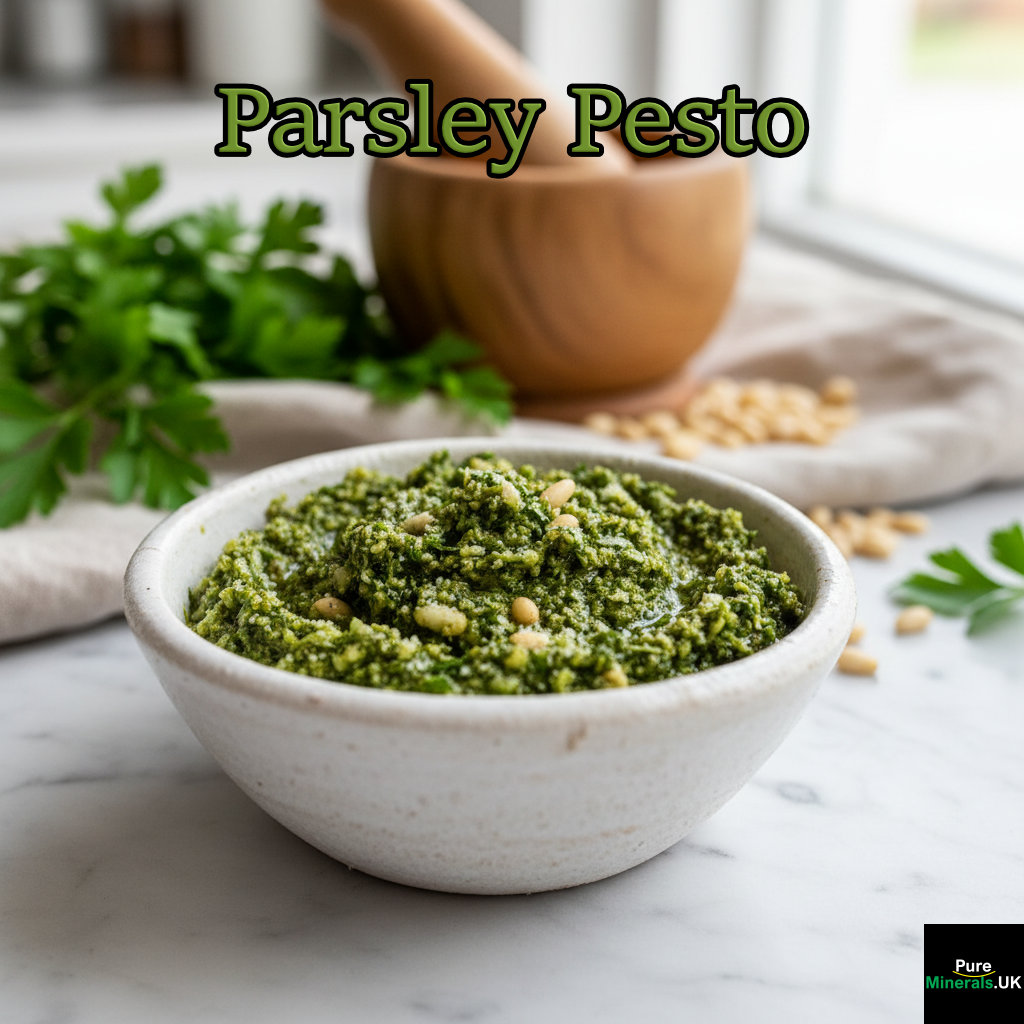 A white bowl of vibrant, thick Parsley Pesto, a modern basil-free Italian sauce, on a marble counter with pine nuts and fresh parsley leaves scattered around.