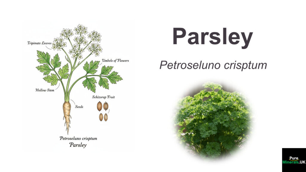A botanical drawing of the Parsley plant, showing the entire structure from the taproot to the flowering stem, with magnified insets of the seeds and fruit.