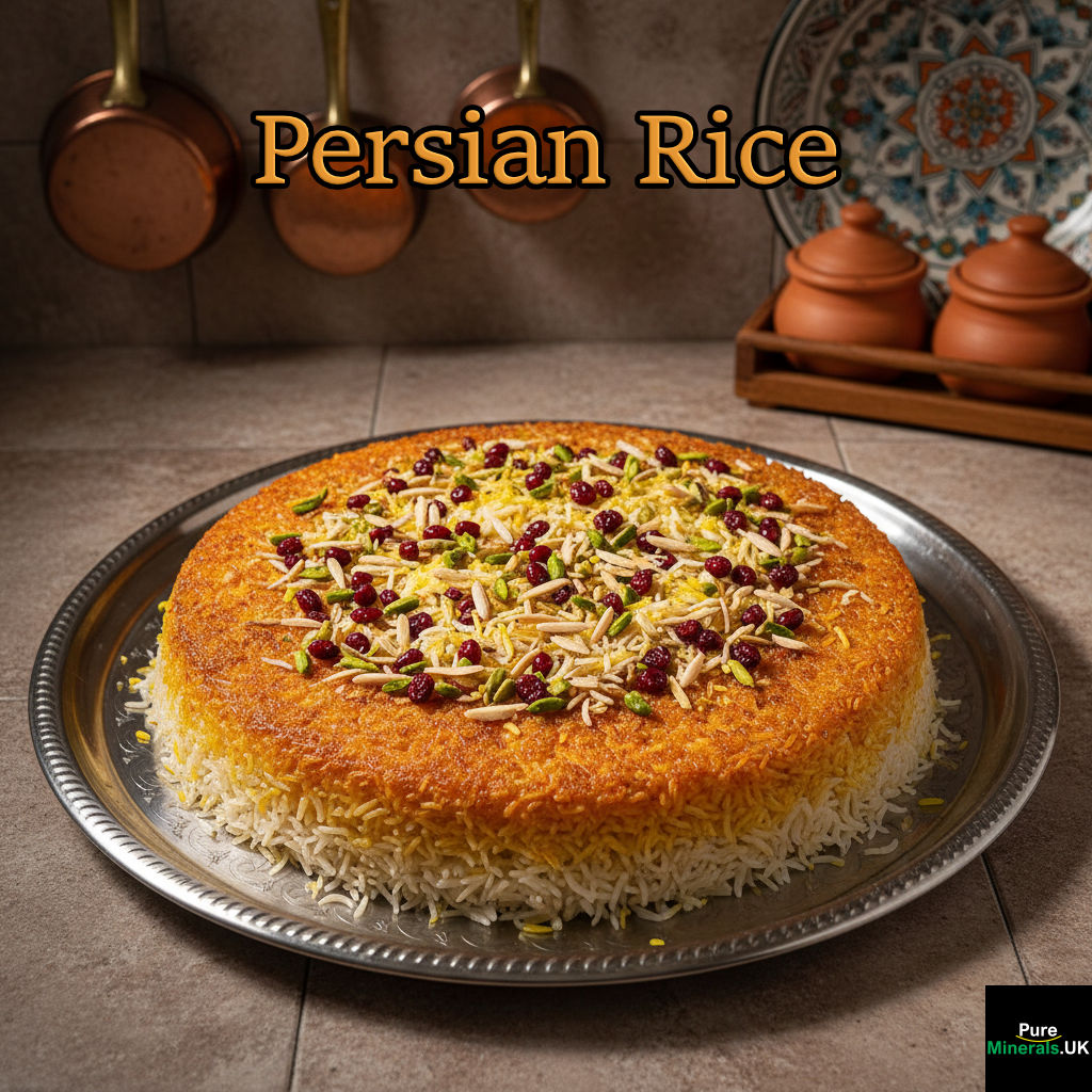Top-down view of Persian Tahdig, showing a perfect golden-brown crispy rice crust garnished with red barberries and green pistachios.