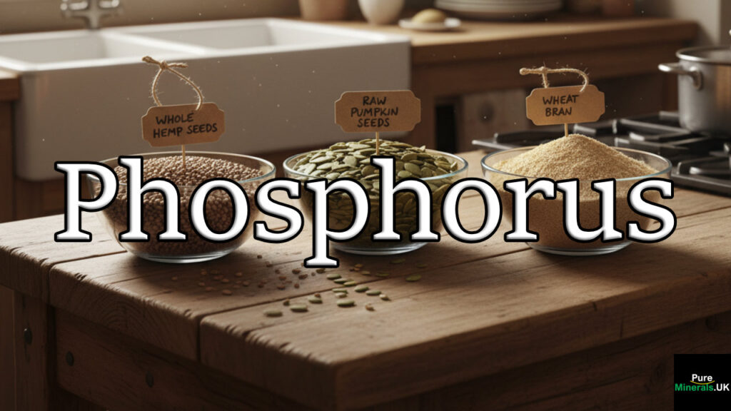 Three glass bowls containing phosphorus-rich hemp seeds, pumpkin seeds, and wheat bran arranged on a wooden countertop in a rustic, sunlit farmhouse kitchen.