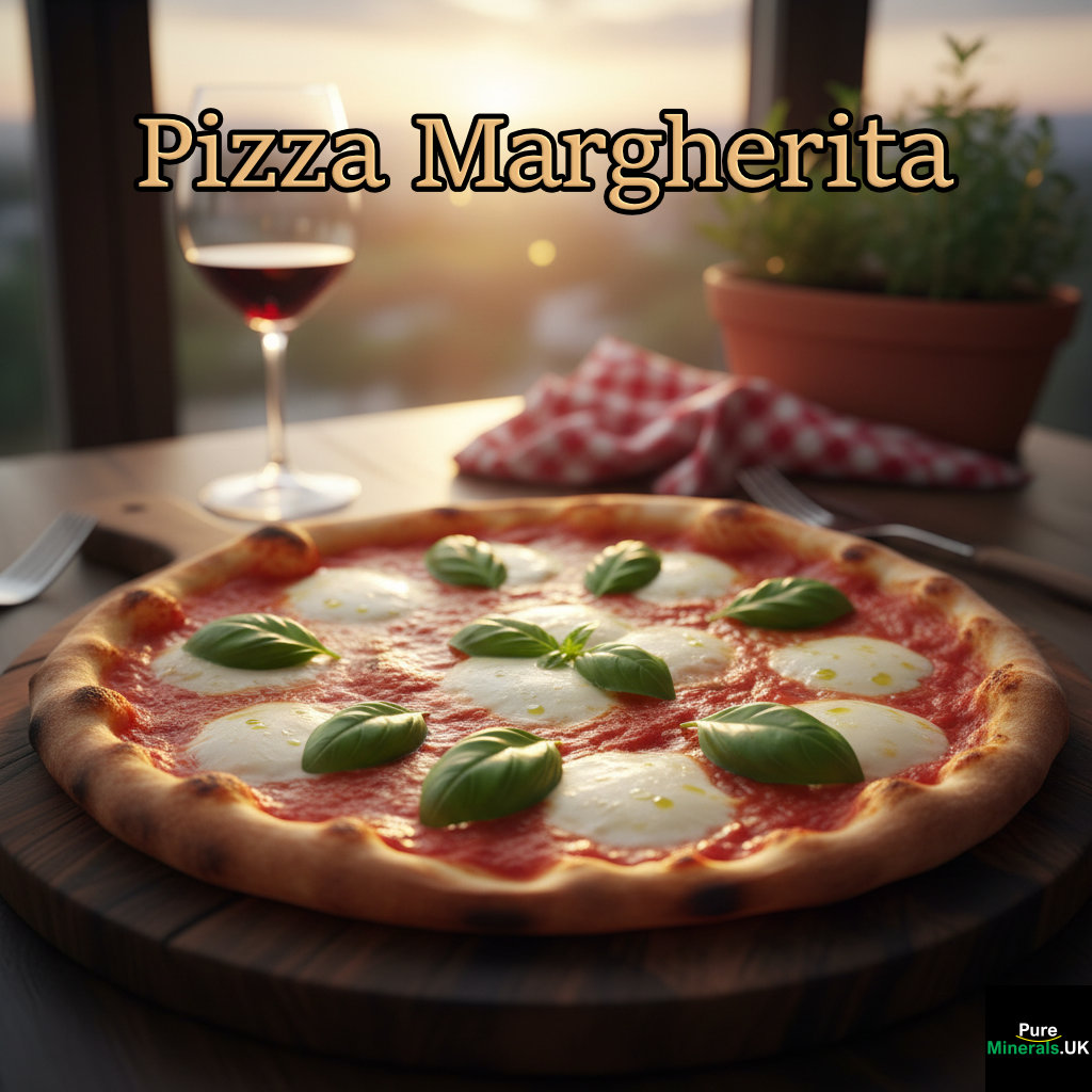 Close-up of a hot, authentic Pizza Margherita with melted mozzarella, fresh basil, and a charred crust, served on a wooden board in a dimly lit, cozy Italian restaurant.
