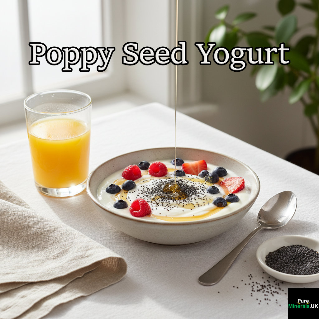 A bowl of yogurt topped with poppy seeds and berries, with a teaspoon, a dish of poppy seeds, and a glass of orange juice on a bright breakfast table.