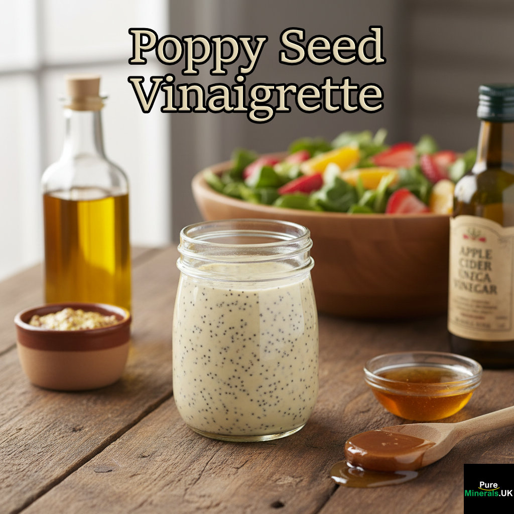 A clear glass jar of creamy poppy seed vinaigrette on a wooden kitchen table, surrounded by ingredients and a fresh green salad.