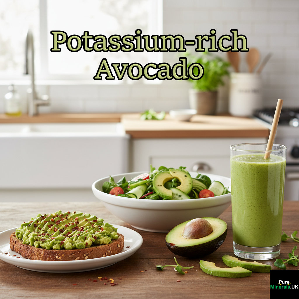 Overhead view of three avocado-based dishes on a kitchen counter: a slice of avocado toast, a bowl of salad with avocado slices, and a green avocado smoothie.
