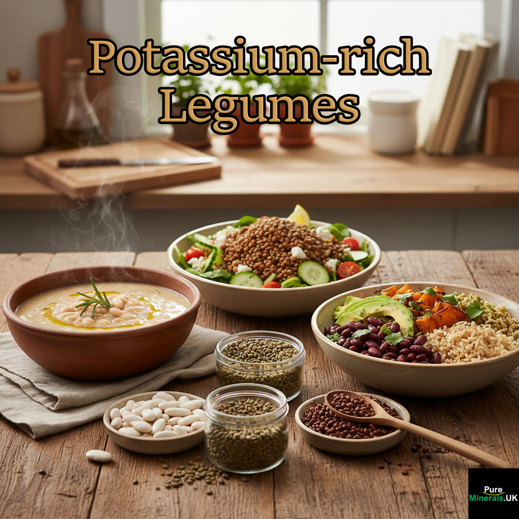 An arrangement of three dishes—bean soup, lentil salad, and a kidney bean grain bowl—with raw white beans, lentils, and kidney beans in the foreground.