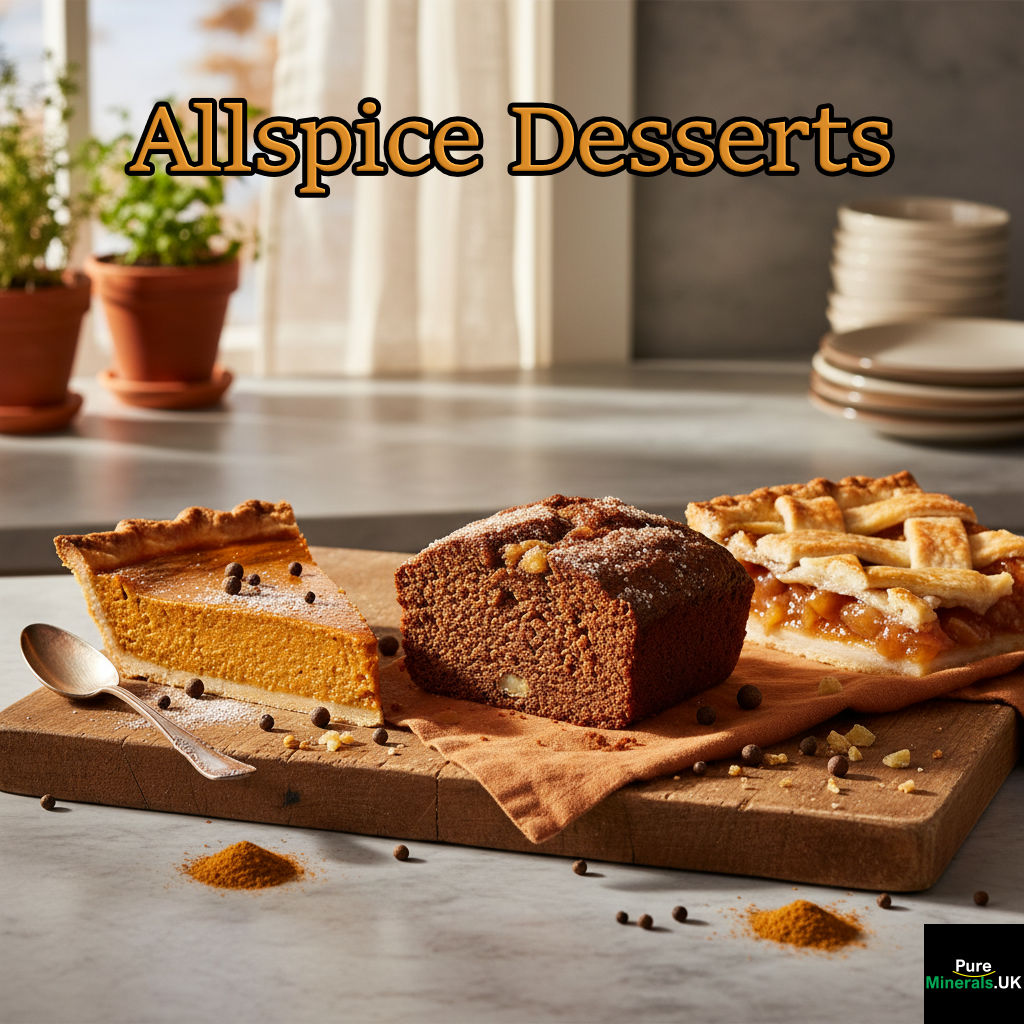 Three baked goods—pumpkin pie, apple pie, and gingerbread—arranged on a kitchen counter, all featuring allspice.