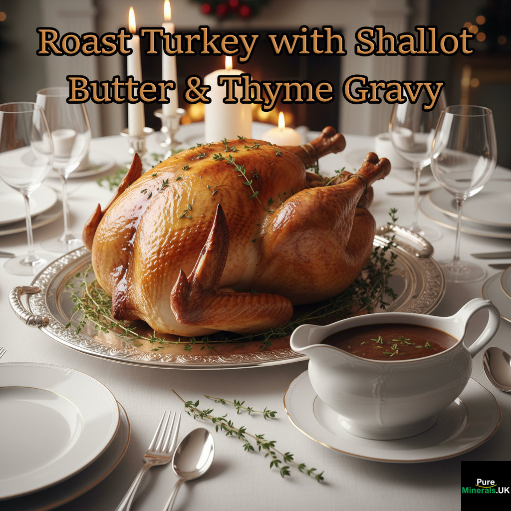 A whole, golden-brown roasted turkey glazed with shallot butter and garnished with thyme, presented on a platter on a formal dining table with a side of rich thyme gravy.
