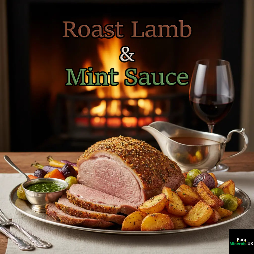 Roast Lamb & Mint Sauce A Sunday roast lamb dinner with mint sauce, roast potatoes, vegetables, a gravy boat, and red wine on a dining table, with a glowing fireplace in the background.