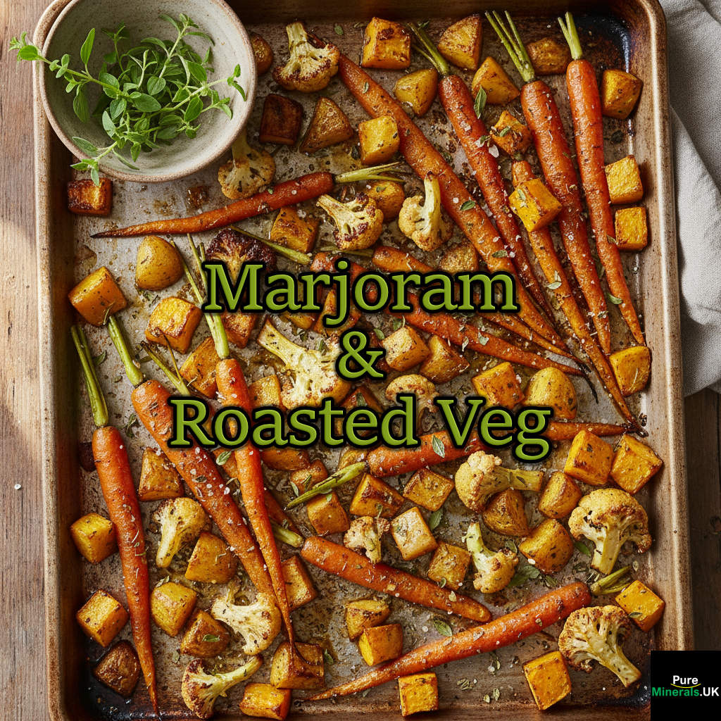 A tray of roasted vegetables with marjoram.