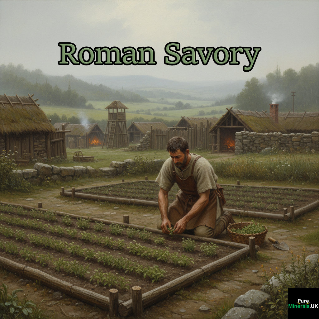 A historical illustration of a Roman settler in early Britannia kneeling to plant savory and rosemary herbs in a small, organized garden bed, with a Roman camp visible in the misty background.