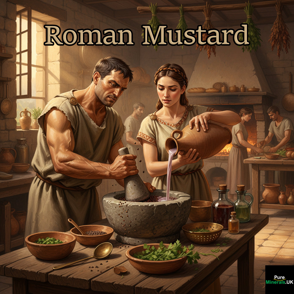 Cinematic illustration of two Roman cooks preparing the first prepared mustard paste, mustum ardens, by grinding seeds in a mortar while adding grape juice in a historically accurate ancient kitchen setting.
