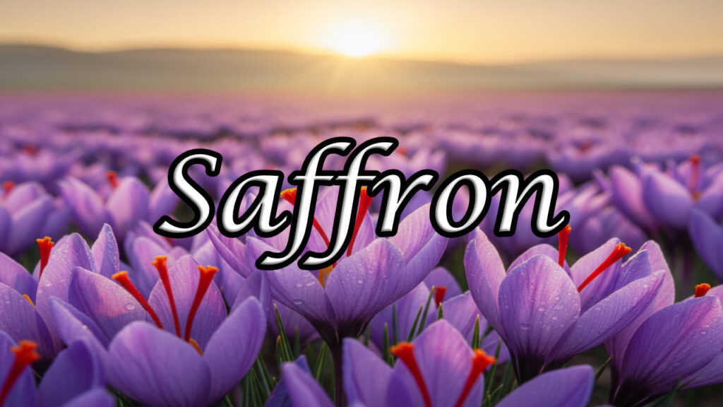 High-definition close-up of a purple Saffron flower in a field, clearly showing the three vibrant red saffron threads at its center, illuminated by the morning sun.