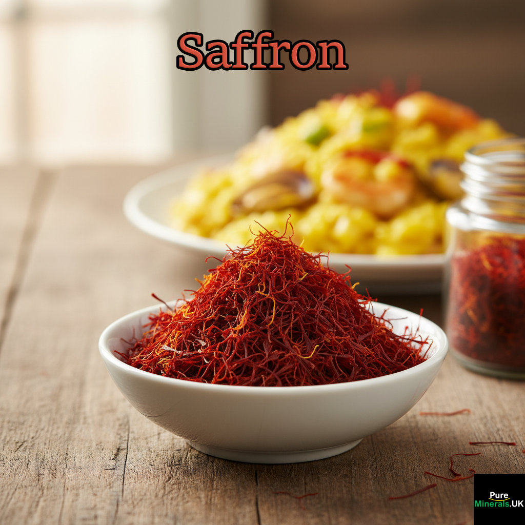 Close-up of bright red saffron threads in a small white bowl on a wooden kitchen counter, lit by natural window light.