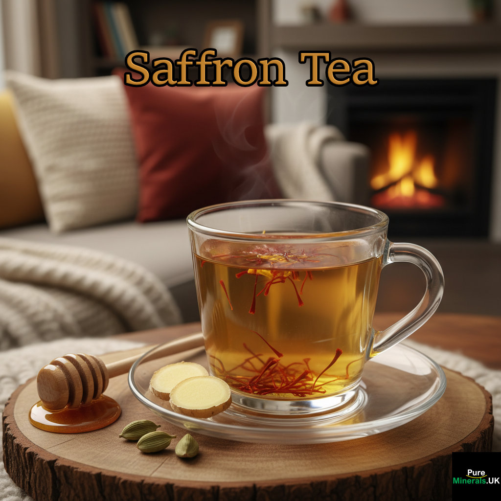 Clear glass cup of golden saffron tea with floating saffron threads, ginger, cardamom, and honey, in a cozy lounge setting.