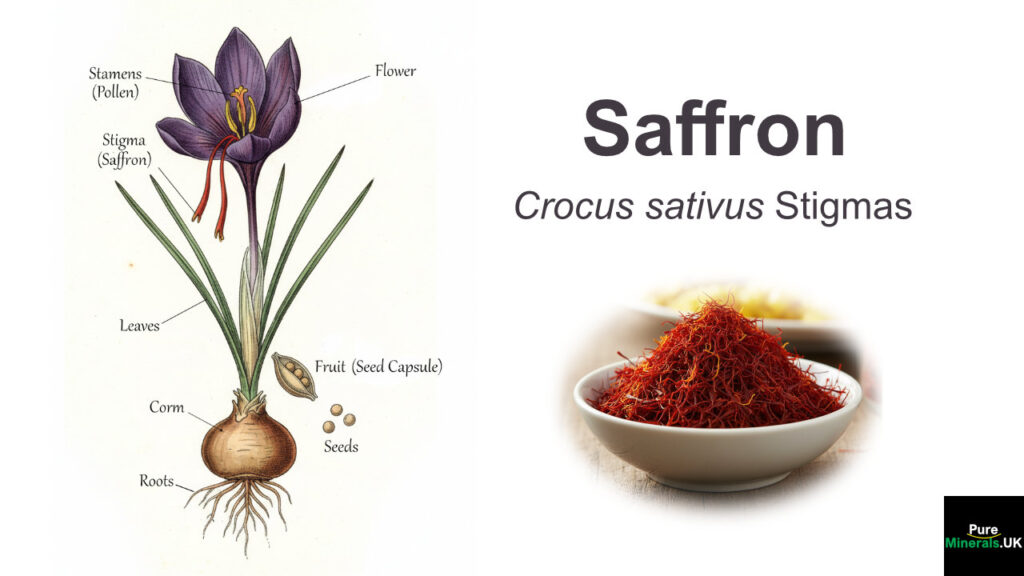 A labeled botanical drawing of the Saffron plant (Crocus sativus) showing its full anatomy, including the purple flower, green leaves, fibrous roots, the underground corm, and the seed capsule.